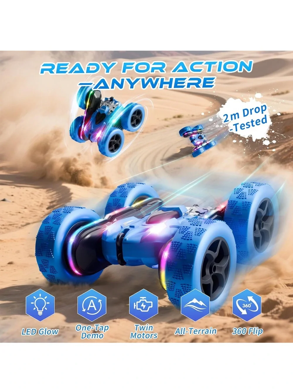 NEW Zalneo Blue 4WD 360° Flip RC Stunt Car LED Lights Remote Control